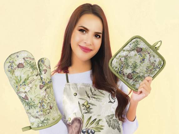 Olive cotton kitchen glove, pot holder and dish towel set