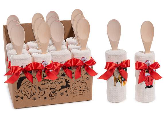Christmas embroidered cotton dish towel with spoon