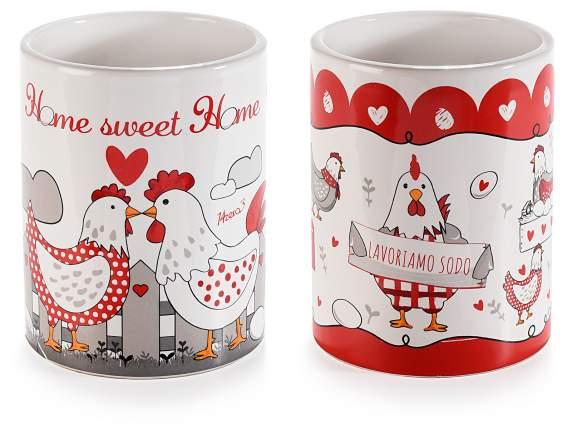 Ceramic utensil holder with chickens