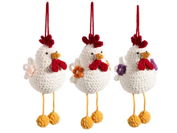 Knitted hen with long legs and a hanging flower