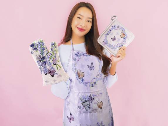 Lavender kitchen apron in fabric with front pocket