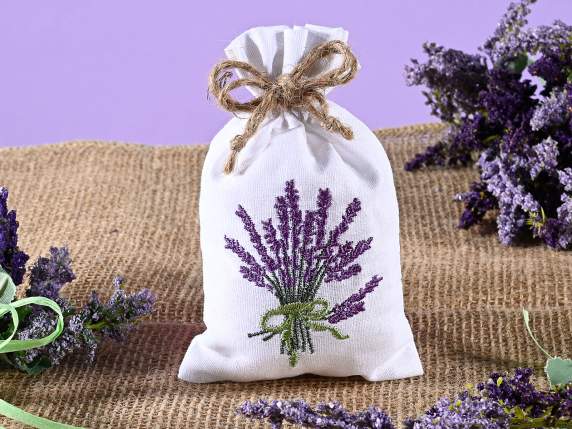 Cotton bag with lavender embroidery and tie