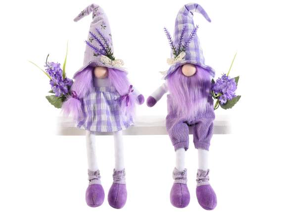 Long legged gnome made of fabric with sprigs of lavender