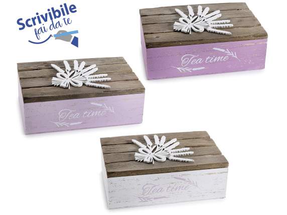 Wooden tea box with Lavender embossed decorations, 6 compa