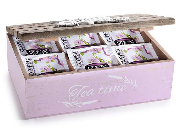 Wooden tea box with Lavender embossed decorations, 6 compa