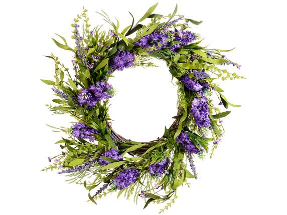 Wooden wreath with artificial lavender flowers