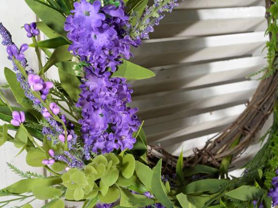 Wooden wreath with artificial lavender flowers