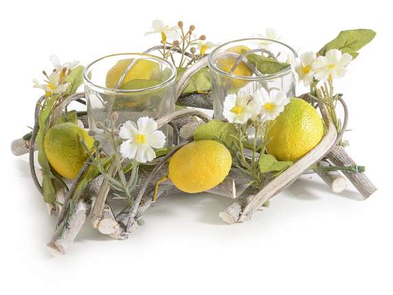 Lemons wooden centerpiece with 2 glass tealight jars