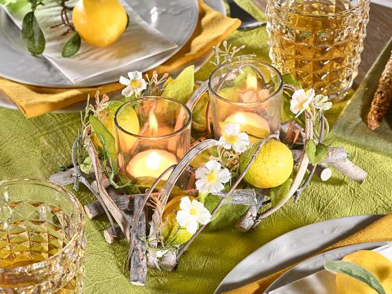 Lemons wooden centerpiece with 2 glass tealight jars