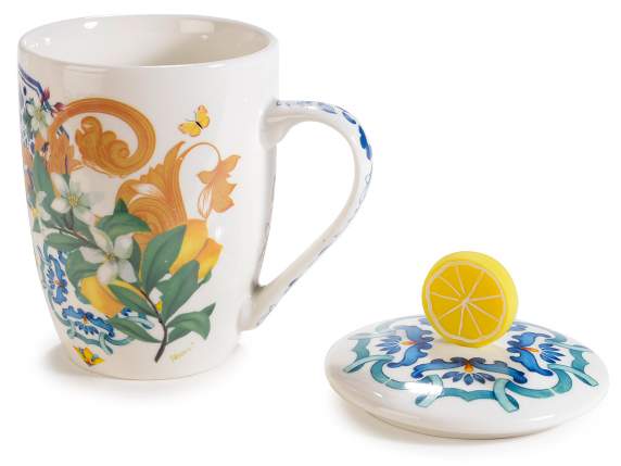 Porcelain mug with lid Mediterranean citrus