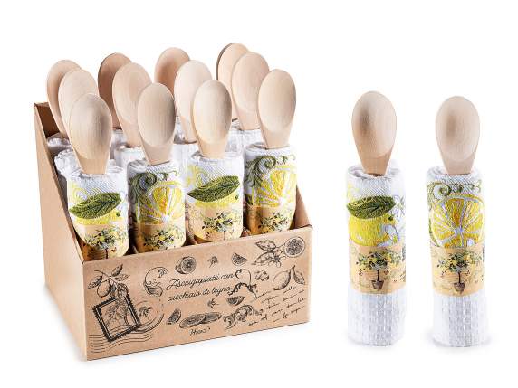 Lemon embroidered cotton dish towel with wooden spoon
