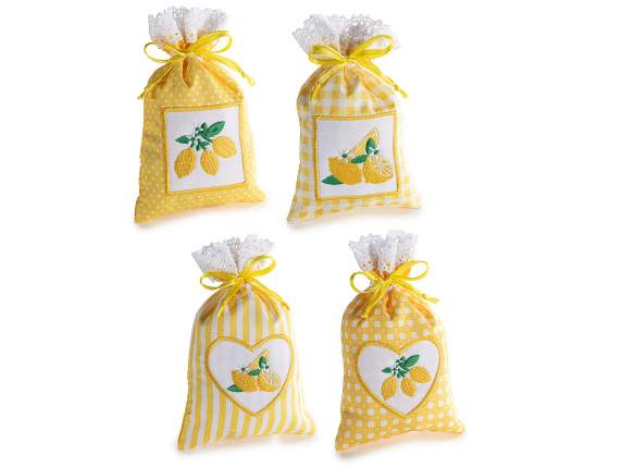 Cotton bag with lemon embroidery, lace edge and drawstring