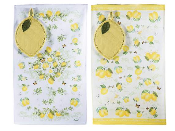 Set cotton dish towels with lemon print and lemon potholder