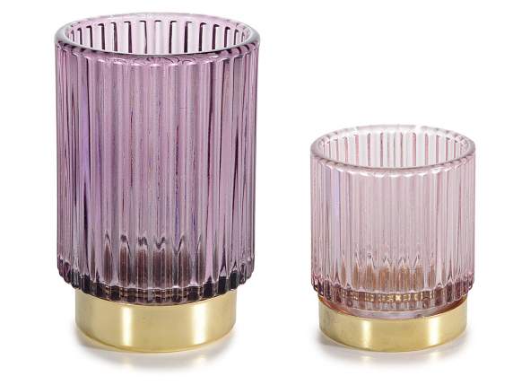 Set of 2 candle holders in knurled glass and golden base
