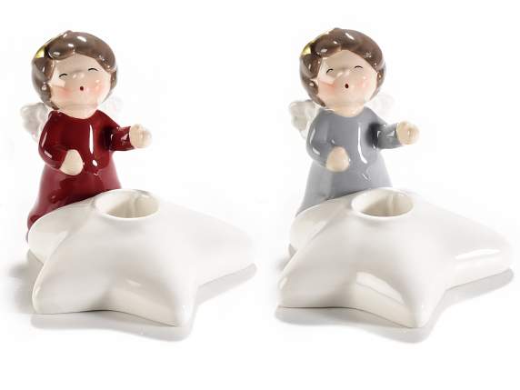 Ceramic star candle holder with little angel decoration