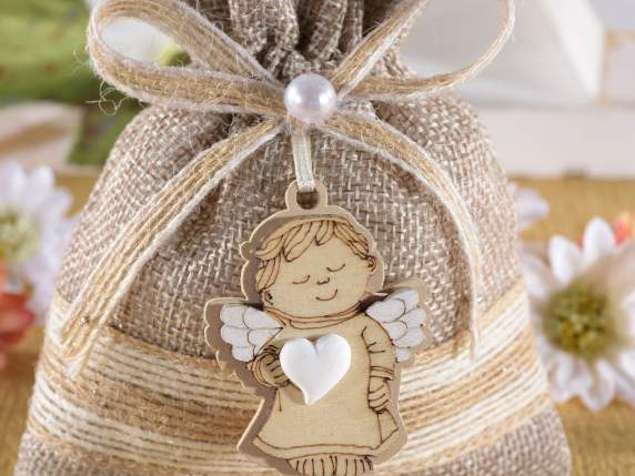 Jute bag with wooden angel, bow and tie