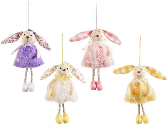 Long legged bunny in fabric and eco-fur to hang