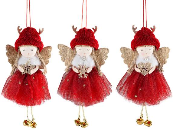 Long-legged angel with tulle dress, bells and decorations
