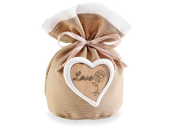 Silk effect fabric bag with wooden-plaster heart and tie rod