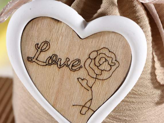 Silk effect fabric bag with wooden-plaster heart and tie rod
