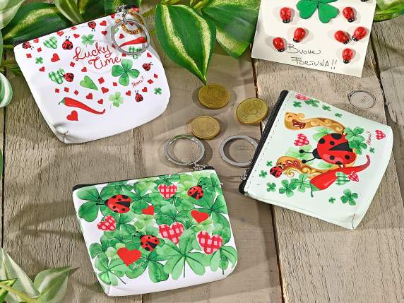 Leatherette coin case with zip and lucky charm print