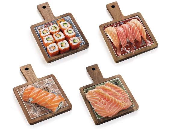 Food cutting board in acacia wood and majolica ceramic
