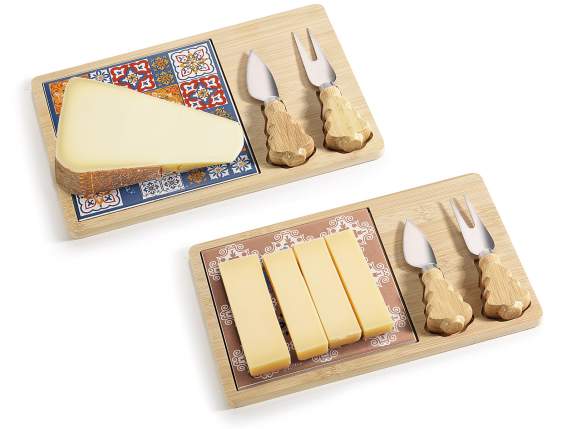 Maiolica wood and ceramic cheese cutting board and knife set