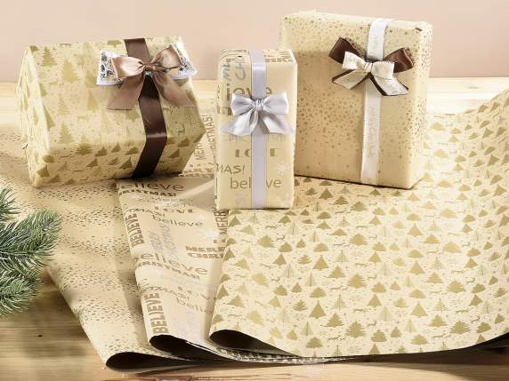 Pack of 60 sheets of natural wrapping paper with Christmas p