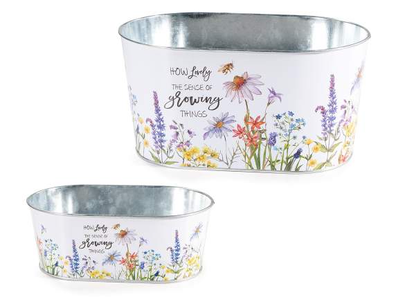 Set of 2 oval metal vases with flower decorations