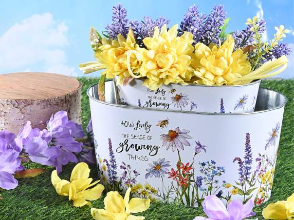 Set of 2 oval metal vases with flower decorations