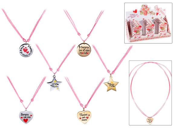 Rope necklace with engraved Mom metal charm and enamel