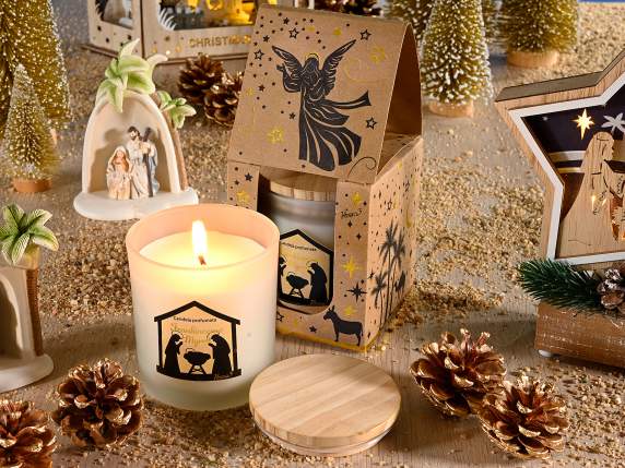 Scented candle in glass jar Nativity scene with wooden cap
