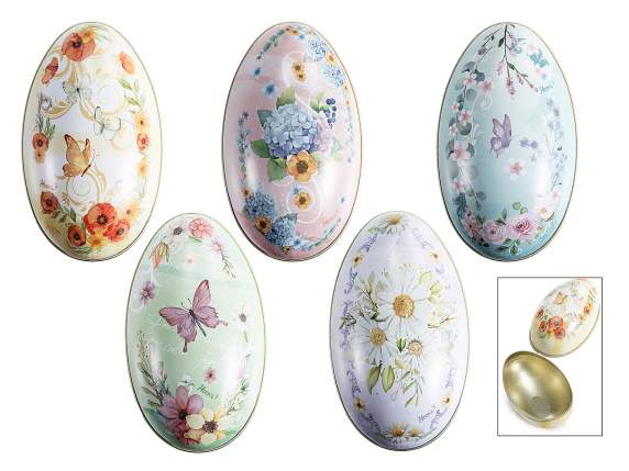 Openable metal egg with floral decorations.
