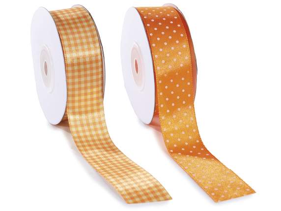 25mm orange satin ribbon with polka dots and checks