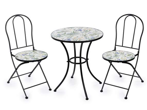 Table and 2 chairs set in metal and floral decorated ceramic