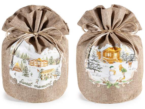 Jute-effect panettone bag with drawstring and print