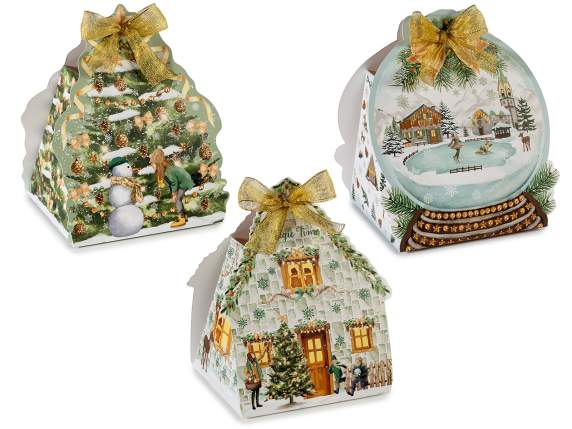 Christmas house-shaped paper box with bow