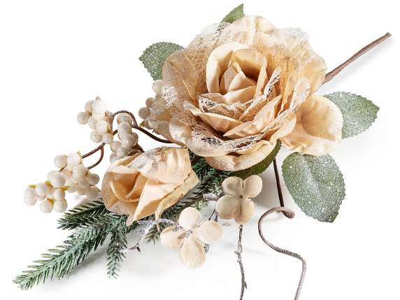 Glittery fabric rose sprig with bud and berries