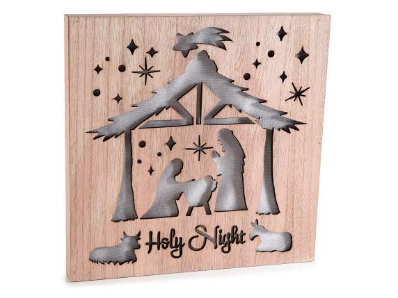 Wooden picture Nativity scene with LED light to hang