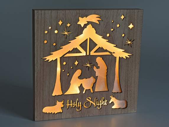 Wooden picture Nativity scene with LED light to hang