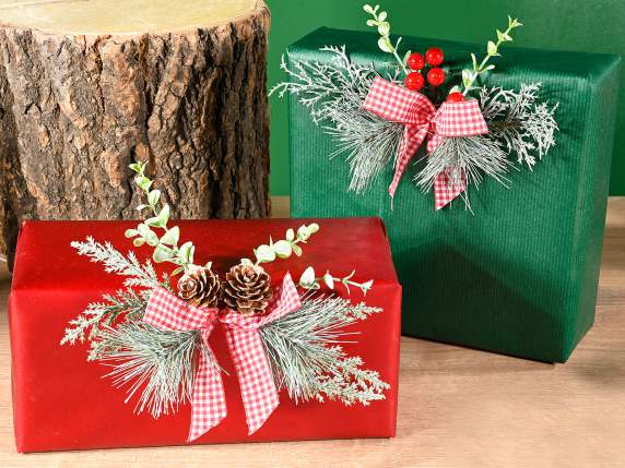 Snowy pine needle bouquet with checked bow