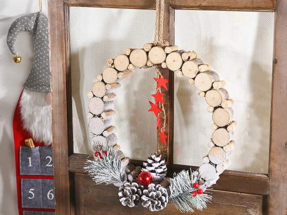 Wooden log garland with hanging decorations