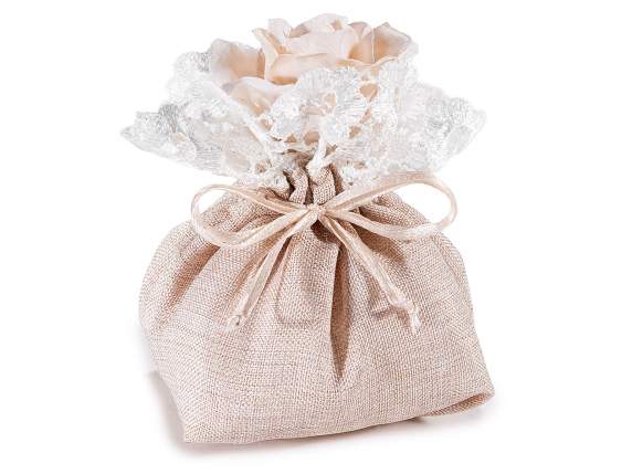 Ecru fabric bag with lace edge, rose and drawstring
