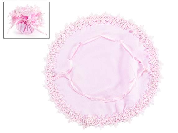 Pink fabric bag with rose embroidery and drawstring