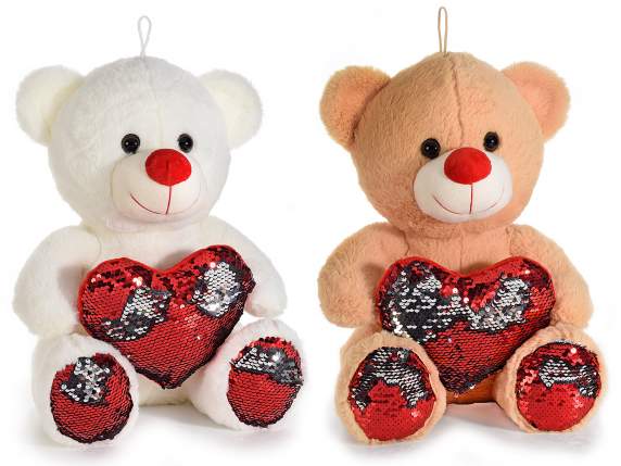 Plush teddy bear w - heart and reversible sequin paws