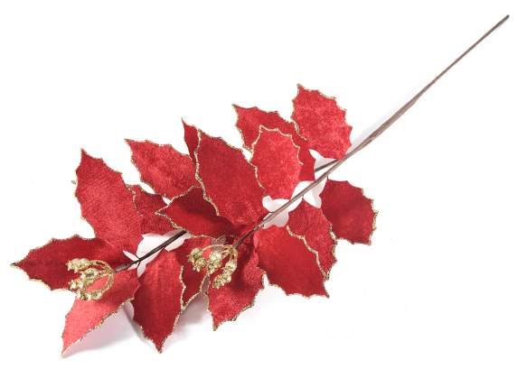 Red poinsettia branch w- berries and gold glitter edges
