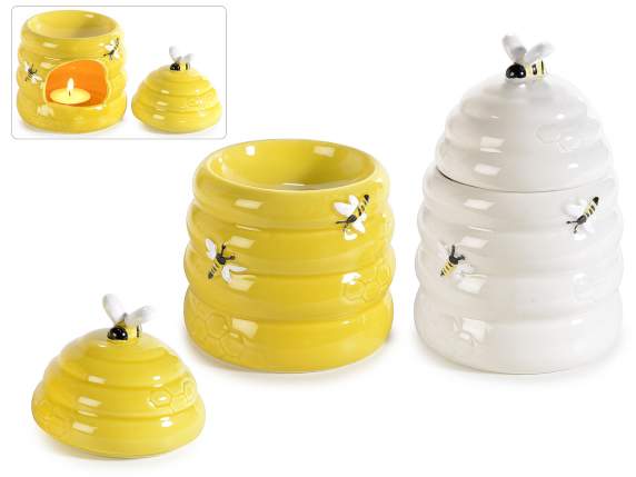Porcelain beehive oil burner with embossed bees