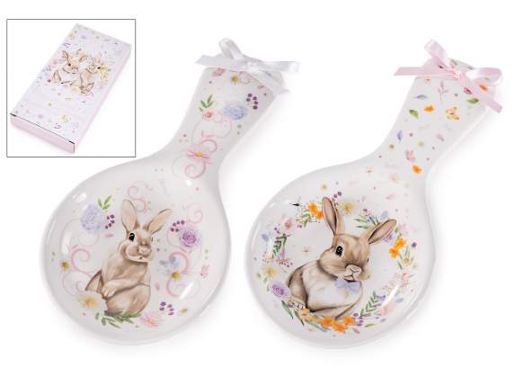 Ceramic spoon rest with rabbit and bow print