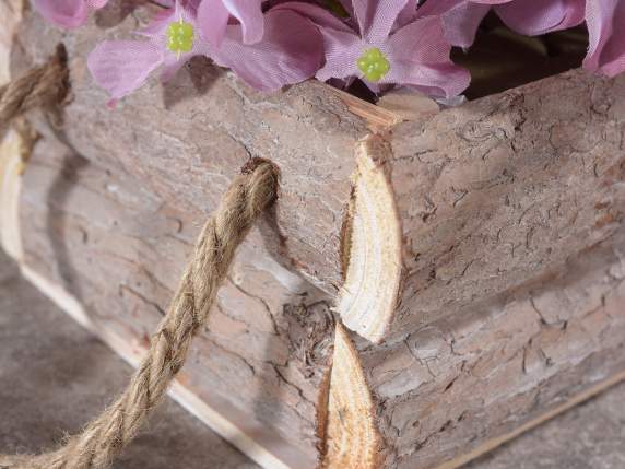 Wooden vase-basket with rope handles and internal lining