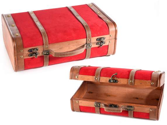Set of 2 wooden decorative suitcases with red velvet details